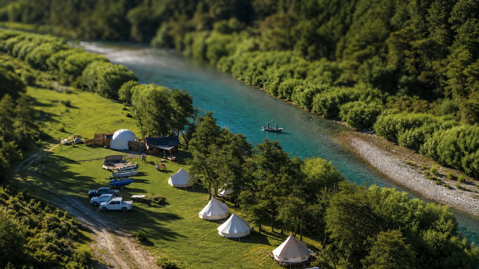Aerial view of a fly fishing lodge in Bariloche, Argentina